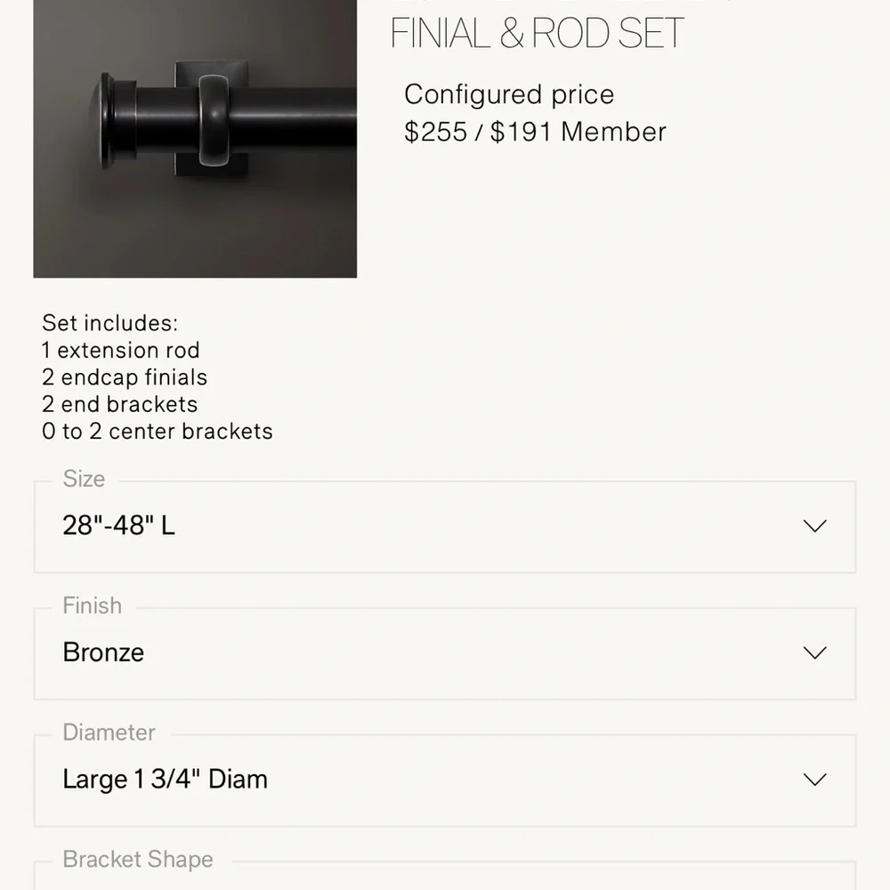 Restoration Hardware Estate extension rod with end caps and drapery rings